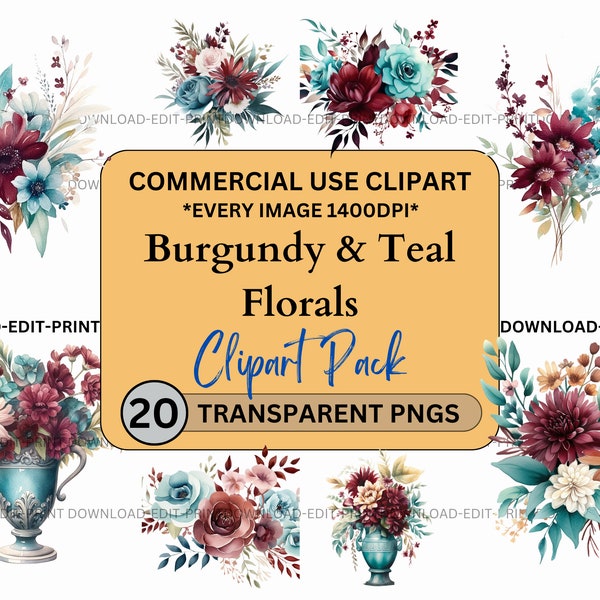 Burgundy & Teal Floral Clipart Bundle Commercial Use Transparent PNG Wedding Birthday Botanical Invites Cards Flowers Watercolor Sublimation
