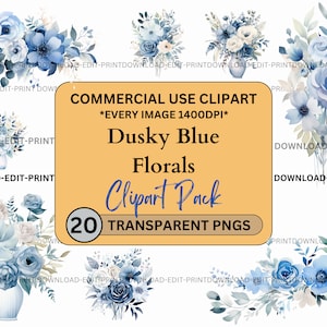 Dusky Blue Blumen Clipart Bundle Kommerzielle Nutzung Transparente PNG Hochzeit Geburtstag Botanische Lädt Karten Blumen Aquarell Sublimation ein