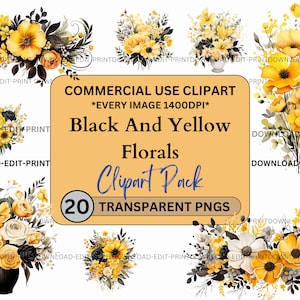 Zwarte en gele bloemen clipartbundel commercieel gebruik transparante PNG bruiloft verjaardag botanische uitnodigingskaarten bloemen aquarel sublimatie