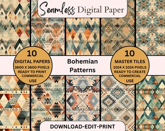 Bohemian Pattern Seamless Digital Paper Pack Bundle Art Print Commercial Use PNG File Wedding Birthday Invite Card Papers Boho Geometric