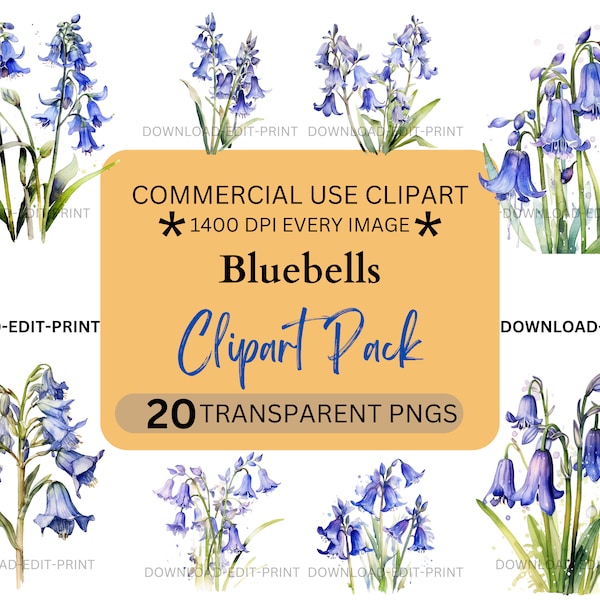 Blue Bluebell Floral Clipart Bundle Commercial Use Transparent PNG Wedding Birthday Botanical Invites Cards Flowers Watercolor Sublimation