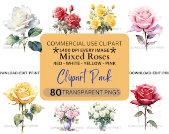 Mixed Rose Floral Clipart Bundle Commercial Use Transparent PNG Wedding Birthday Botanical Invites Cards Flower Watercolor Roses Sublimation