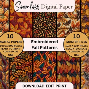 Fall Embroidered Pattern Seamless Digital Paper Pack Bundle Art Print Commercial Use PNG File Wedding Birthday Invite Card Papers Autumn