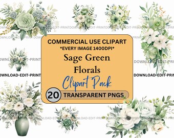 Sage Green Floral Clipart Bundle Commercial Use Transparent PNG Wedding Birthday Botanical Invites Cards Flowers Watercolor Sublimation