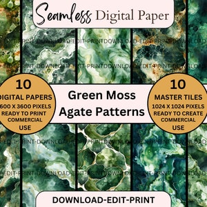 May include: 10 digital papers and 10 master tiles featuring green moss agate patterns. The patterns are abstract and resemble swirling green, blue, and gold marble. The text "Green Moss Agate Patterns" is in the center of the image.
