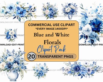 Blue and White Floral Clipart Bundle Commercial Use Transparent PNG Wedding Birthday Botanical Cards Invites Flowers Watercolor Sublimation