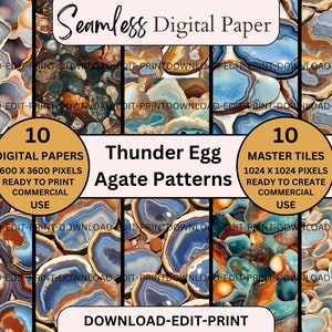 May include: A digital paper pack featuring 10 seamless patterns of agate slices in shades of blue, brown, orange, and white. The patterns are labeled "Thunder Egg Agate Patterns" and are available for commercial use.