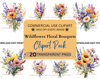 野生の花の花のクリップアートバンドル 商用利用 透明PNG 結婚式 誕生日 植物 招待状 カード 花 水彩 昇華