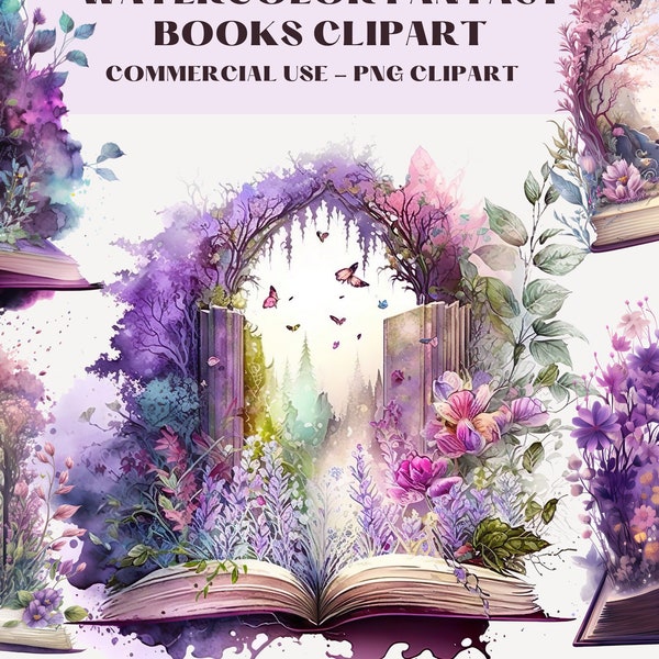 Aquarel Fantasy boeken clipart, 29 PNG bundel, Violet open boek illustraties, Instant Download voor commercieel gebruik, boek lezen, magische boeken