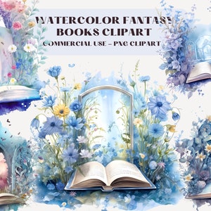 31 Watercolor Fantasy Books Clipart, PNG Bundle, Blue Open Book Clip Art, Instant Download For Commercial Use, Book Reading, Magic Books
