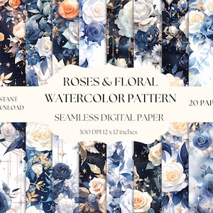 Rozen en bloemen aquarel digitaal papier, naadloze bloemenpatroon, instant download voor commercieel gebruik, lentebloemenprints, plakboek