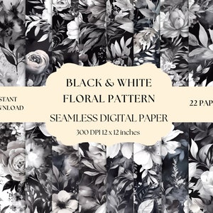 Black & White Floral Digital Paper, Printable Flowers Background, Seamless Floral Pattern, Scrapbooking, Instant Download For Commercial Use