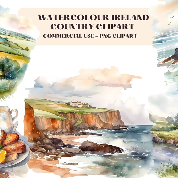 Watercolour Ireland Clipart, Irish Landscapes & Cuisine, Nature Bundle PNG, Travel Scenery Vacation, Instant Download For Commercial Use