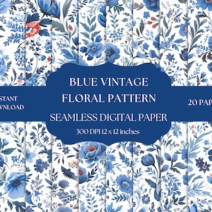 Niebieski akwarelowy papier cyfrowy Vintage Floral, bezszwowe wzory, natychmiastowe pobieranie do użytku komercyjnego, tło kwiatowe, wzór kwiatowy
