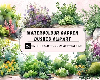 Watercolour Garden Bushes Clipart, Botanical Bundle PNG, Forest Bush Clipart, 4 Seasons, Instant Download, Commercial Use, Scrapbooking