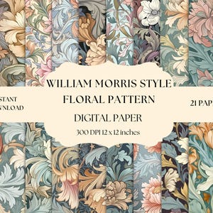 William Morris Style Floral Digital Paper, Vintage Floral Pattern, Junk Journal Kit, Scrapbooking, Instant Download For Commercial Use