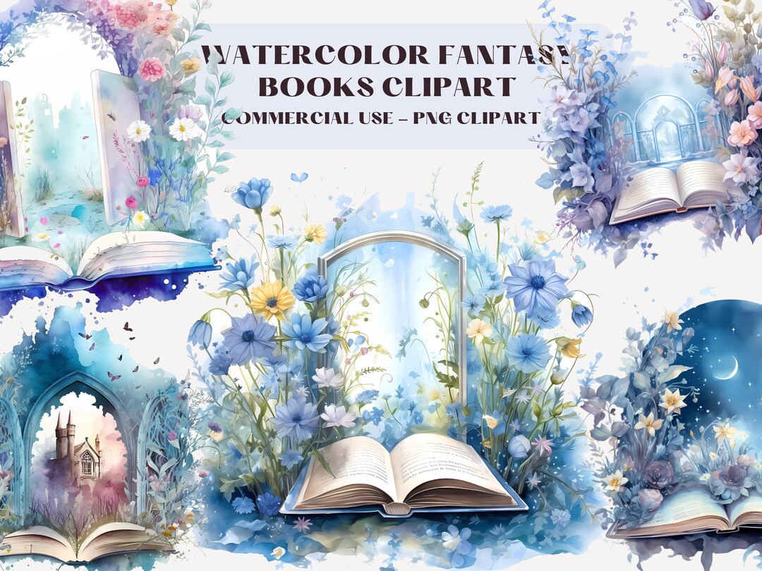 31 Watercolor Fantasy Books Clipart, PNG Bundle, Blue Open Book Clip ...
