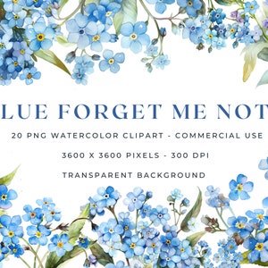 Watercolor Forget Me Nots Clipart, 20 Floral PNG Bundle, Blue Flower Sublimation, Instant Download For Commercial Use, Junk Journal