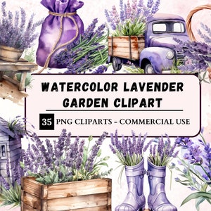Aquarell Lavendel Garten Clipart, Provence Blumen Bundle PNG, Frühling botanische Blumen, Sofort Download, kommerzielle Nutzung, Scrapbooking