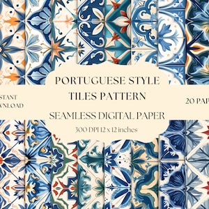 Seamless Portuguese Tiles Pattern Digital Paper, Mediterranean tiles, Instant Download For Commercial Use, Azulejo Tiles, Printable Paper