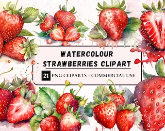 Watercolour Strawberries Clipart, Strawberry Digital Art, Transparent Fruits Bundle PNG, Food Graphic, Instant Download For Commercial Use