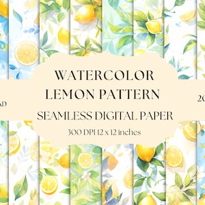 Carta digitale con limoni ad acquerello, modello senza cuciture per alberi di agrumi estivi, download istantaneo per uso commerciale, sfondo stampabile