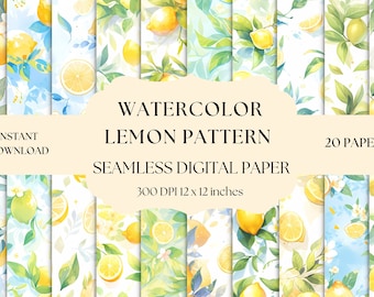Papel digital de limones de acuarela, patrón sin costuras de vegetación cítrica de verano, descarga instantánea para uso comercial, fondo imprimible