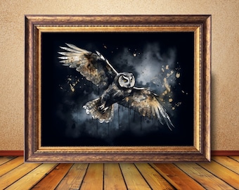 Owl Digital Art Print, Enchanting Owl flying through the dark night sky, PRINTABLE Instant Download