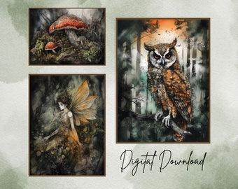 Set of 3 Dark Cottagecore Prints, Mushroom Decor, Dark Academia Printable, Forest Wall Art, Mushrooms, Owl, Fairy, Digital Download