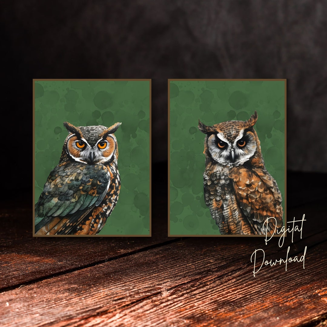 Set of 2 Owl Printable Art, Owls Decor, Dark Moody Aesthetic, Woodland