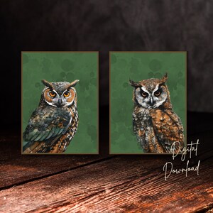 Set of 2 Owl Printable Art, Owls Decor, Dark Moody Aesthetic, Woodland Animals, Owl Wall Decor, Digital Download