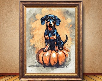 Dachshund sentado en calabaza IMPRIMIBLE, divertido arte de pared de otoño Doxie, regalo de amante de los perros, arte del perro Weiner de la temporada de otoño, descarga digital de arte Dachshund