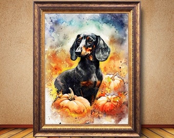 May include: A watercolor painting of a black and tan dachshund sitting in a field of pumpkins. The dog is looking at the viewer with a curious expression. The background is a soft watercolor wash of orange, yellow, and green.