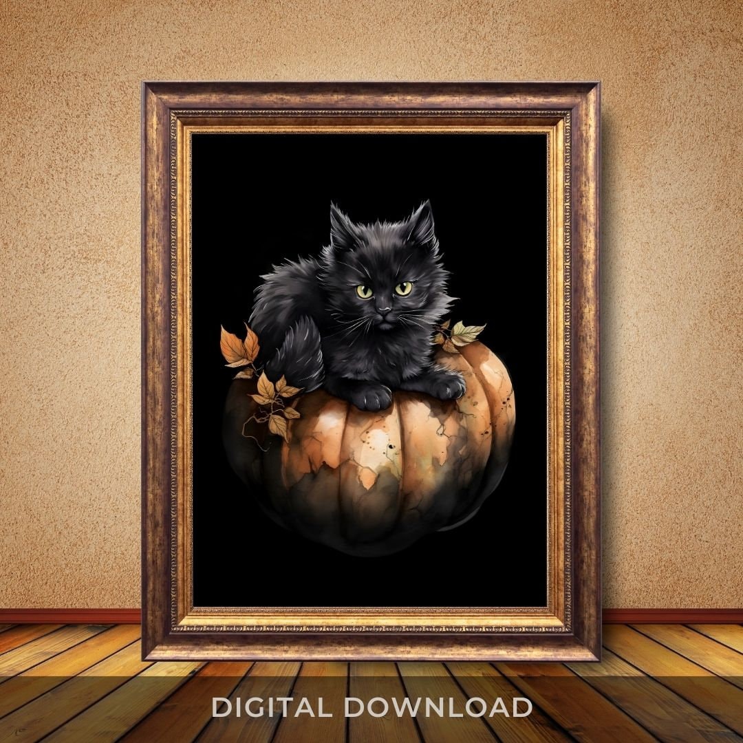 Black Cat Sitting on Pumpkin Art PRINTABLE, Wall Decor, Halloween Decor ...