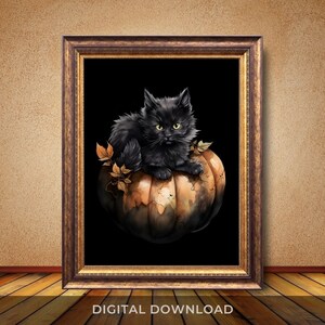 Black Cat Sitting on Pumpkin Art PRINTABLE, Wall Decor, Halloween Decor, Fall Season, Digital Download