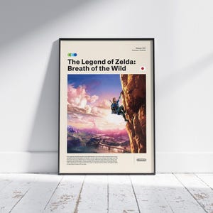 Peut inclure: Affiche encadrée de The Legend of Zelda: Breath of the Wild. L'image montre un personnage grimpant une falaise avec un coucher de soleil et un pont en arrière-plan. Le titre du jeu et le logo Nintendo sont présents.