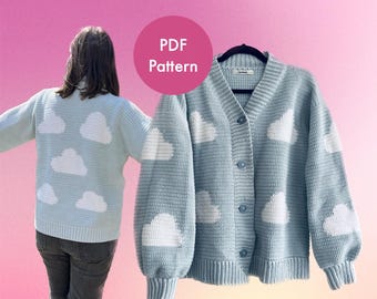 May include: A light blue crochet cardigan with white cloud appliques. The cardigan has a V-neck and button closure. The text "PDF Pattern" is in a pink circle above the cardigan. The text "Malina Sofia Crochets" is at the bottom of the image.