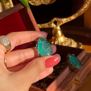 Grand Emerald  Statement Stud Earrings | Gold Polished Brass Teardrop Studs | Bold Ethnic Jewelry