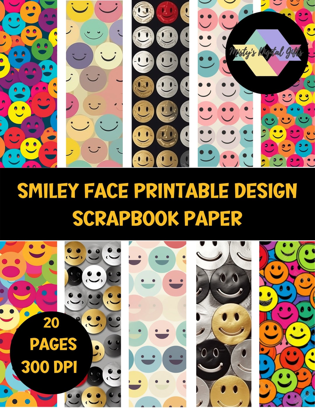 Smiley Face Printable Design/scrapbook Paper Set of 20 Etsy