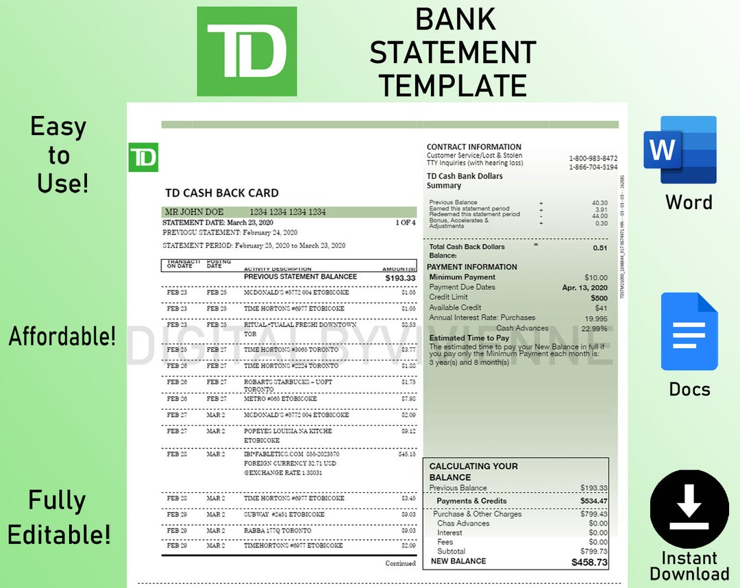 TD Bank Statement Template Editable Google Docs Microsoft Word Etsy TD Bank Statement Template Editable Google Docs Microsoft Word Etsy