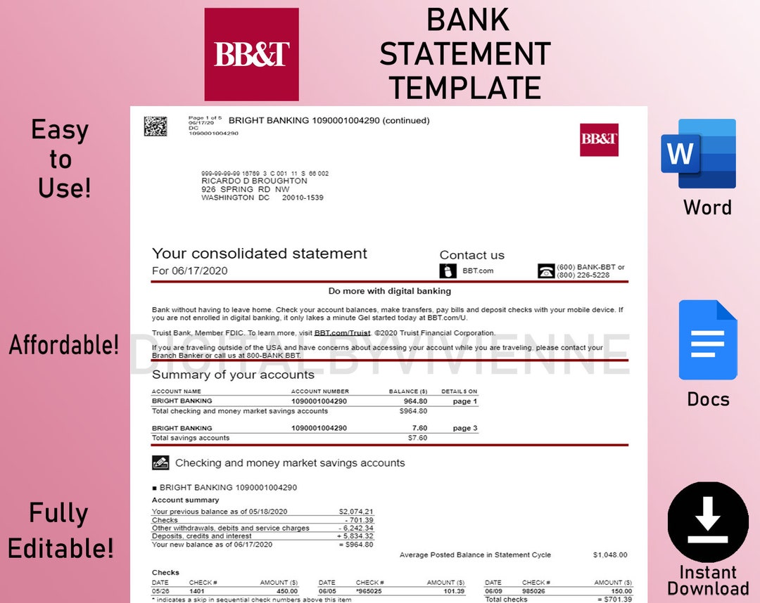 BB&amp;T Bank Statement Template Fully Editable Google Docs - Etsy