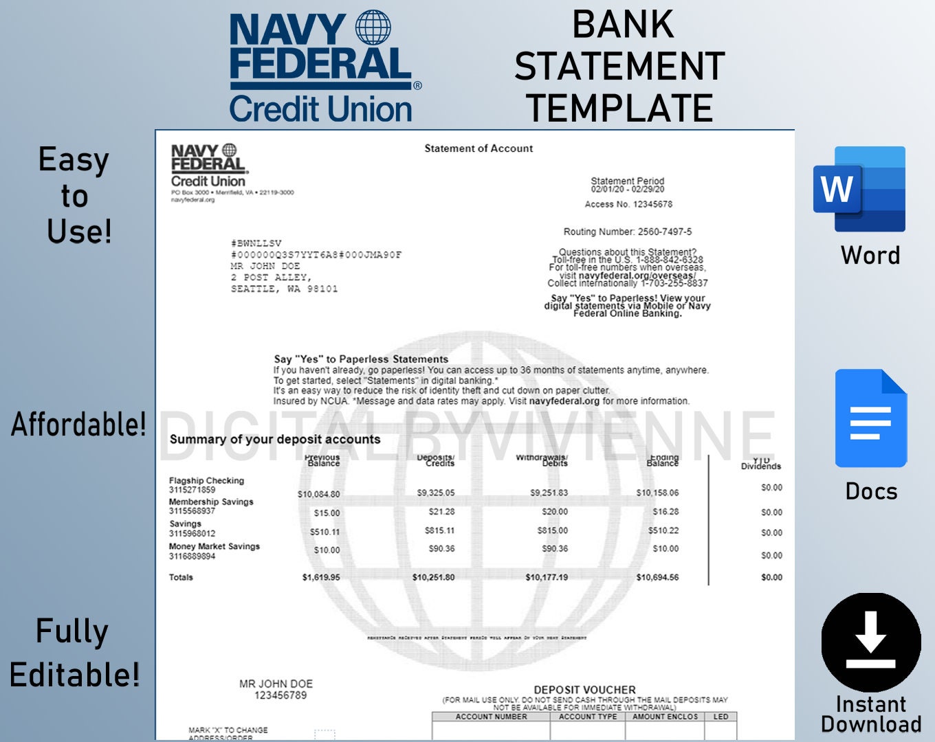 Navy Federal Bank Statement Editable Google Docs Microsoft - Etsy