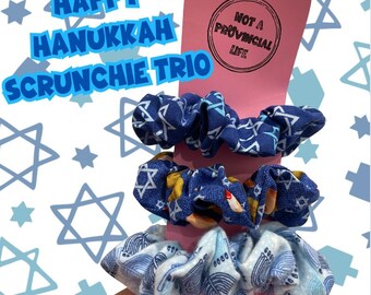 Happy Hanukkah Fabric Scrunchie Trio | Enchanting Festival of Lights Style | Whimsical Holiday Accessory