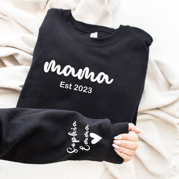 Custom Mama Sweatshirt with Date and Children Name on Sleeve, Mama Sweatshirt, Minimalist Mama, Custom Mom Sweater, Gift for Mom, Mama Gift