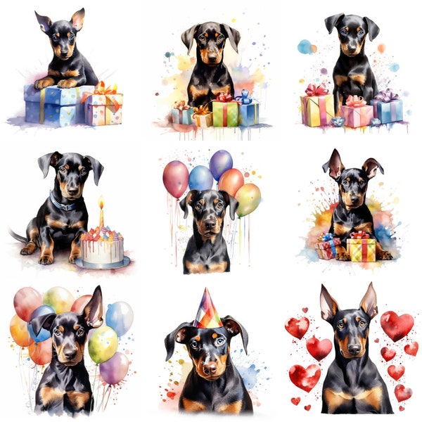 Doberman Pinscher Puppy Clipart, 16 High-Quality JPG, Watercolor, Printable Dog Art, Birthday, Card Making, Commercial Use, Digital Download