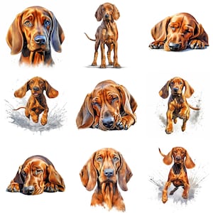 Redbone Coonhound Puppy Printable Dog Art, 16 High Quality JPG, PNG, Watercolor Clipart Bundle, Puppy Print, Dog Wall Art, Commercial Use