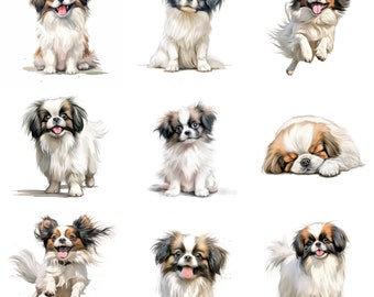 Japanse Chin Puppy afdrukbare hond kunst, 17 hoge kwaliteit JPG, PNG, aquarel clipart bundel, puppy print, digitale muur kunst, commercieel gebruik