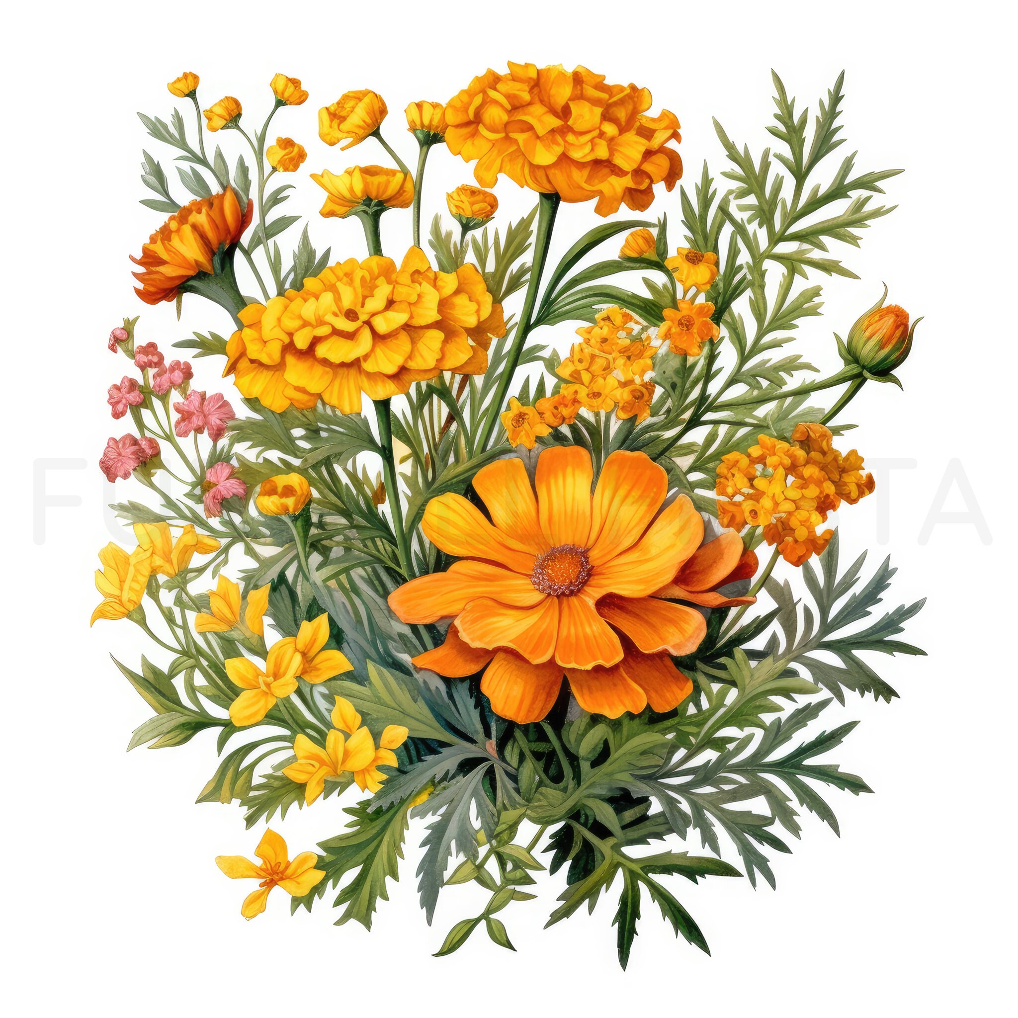 Marigold Printable Flower Art, 10 High Quality Jpgs, Watercolor Flower ...