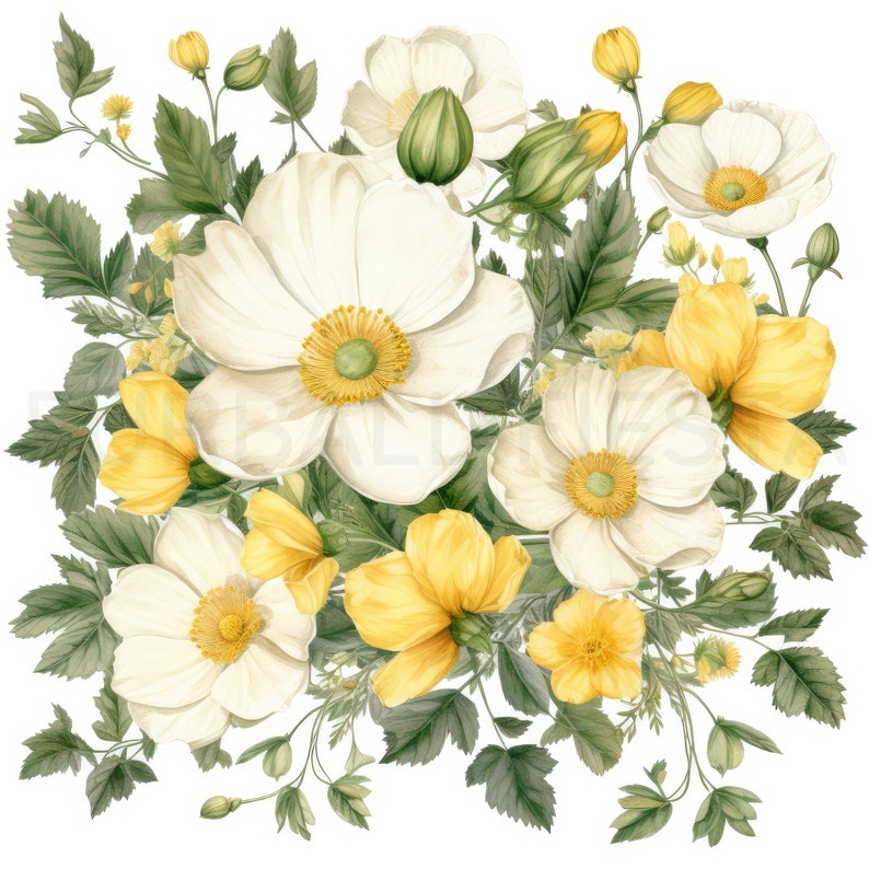 Buttercup Printable Flower Art, 10 High Quality Jpgs, Watercolor Flower ...