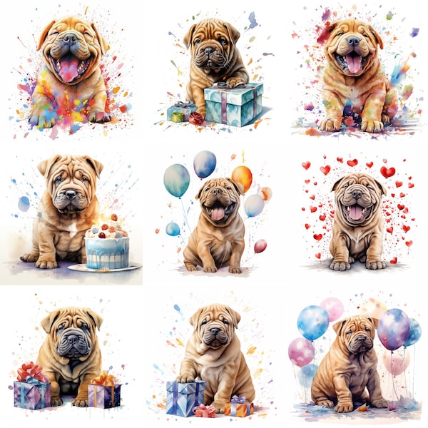 Chinese Shar-Pei Puppy Clipart, 16 High-Quality JPGs, Watercolor, Printable, Birthday, Card Making, Commercial Use, Digital Download